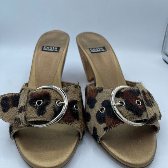 Costa Blanca Animal Print Buckle Open Toe Wooden Heel Shoe 5.5 - Picture 2 of 10
